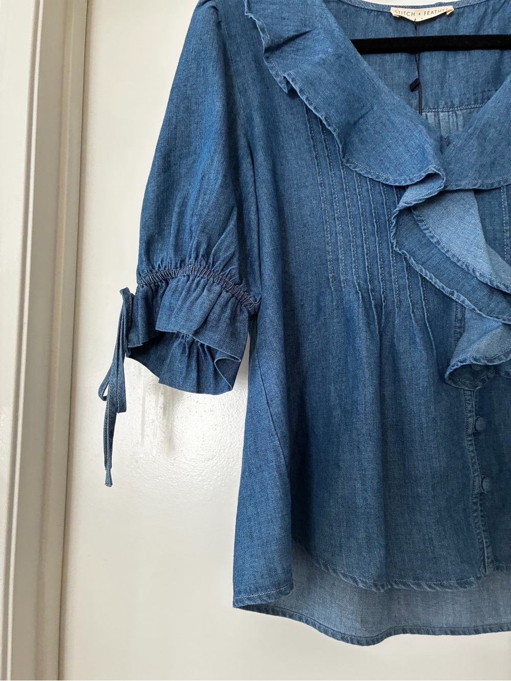 Washed Denim Ruffle-Front Blouse - Blue - Picture 2 of 6